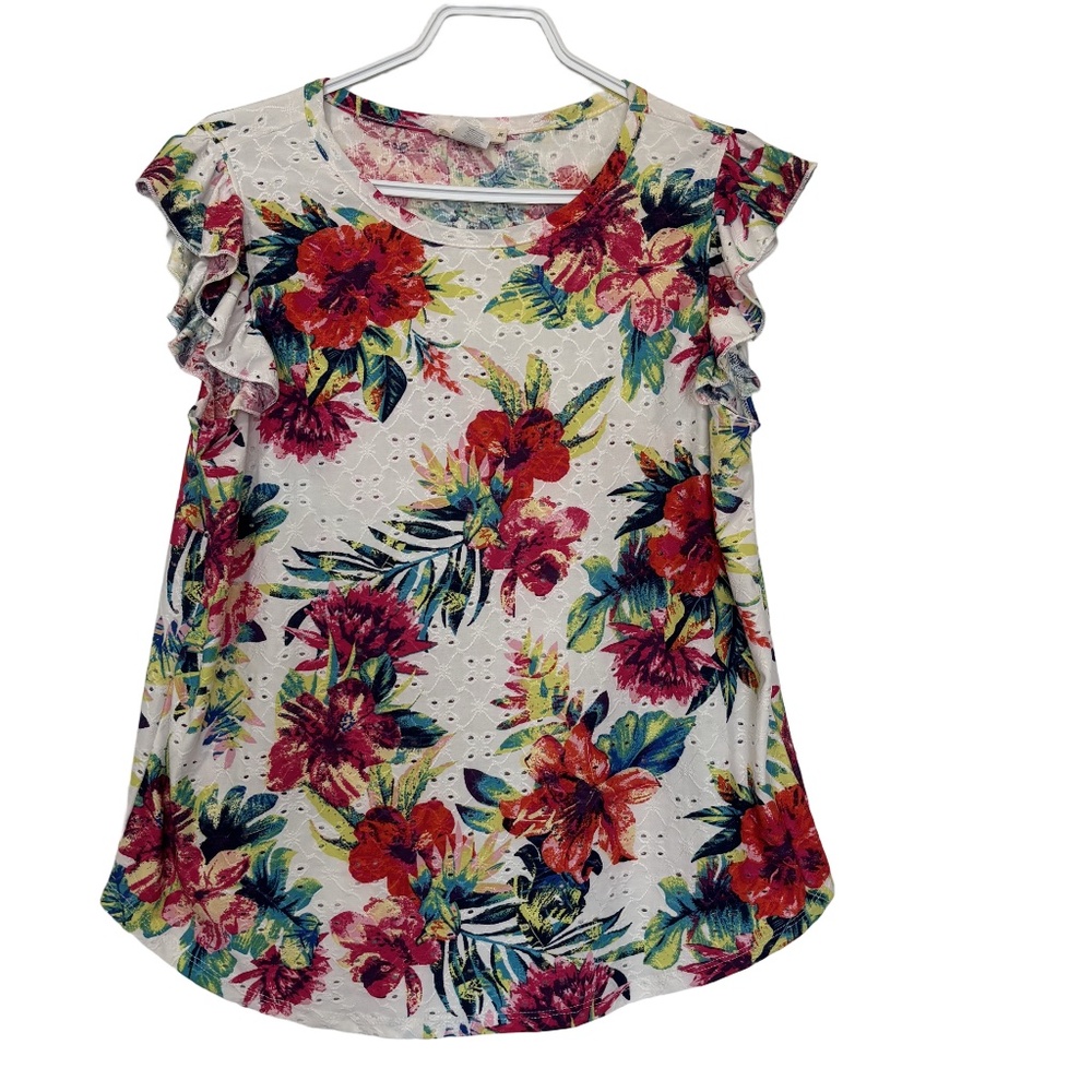 Pebble and Stone floral print eyelet summer top flutter sleeve made in USA sz M
